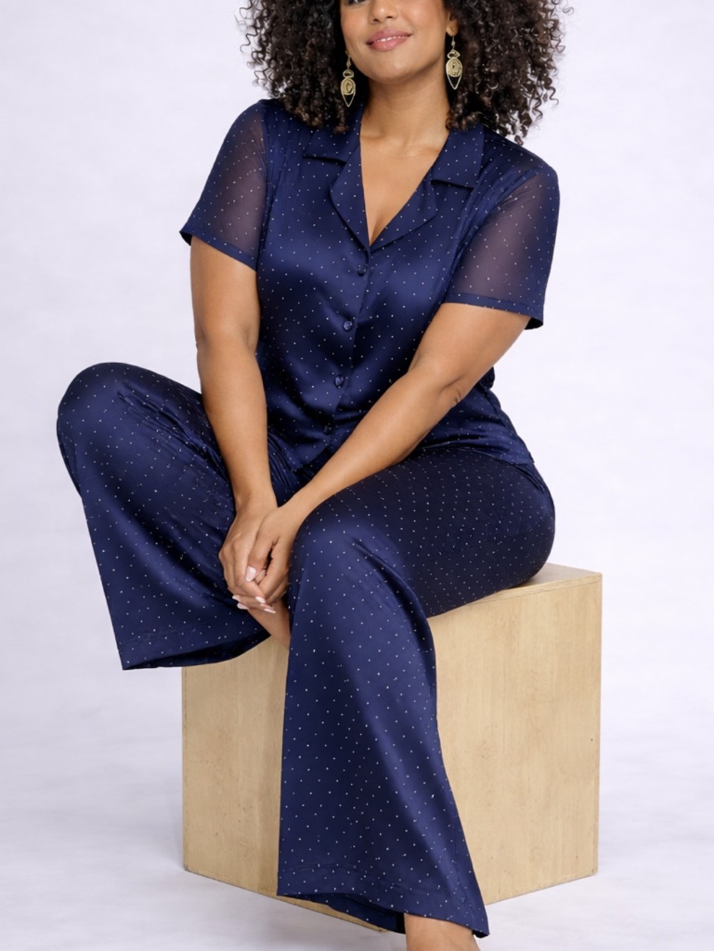 Robbie Bee 100% Silk Matching Set Navy Polka Dot Wide Leg Pants Boxy Top